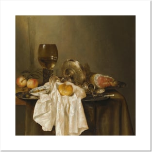 A Banketje Still Life With A Roemer, A Silver Tazza On Its Side, A Ham, Peaches, A Salt Cellar, A Bread Roll And A White Cloth On A Partly Draped Table by Willem Claeszoon Heda Posters and Art